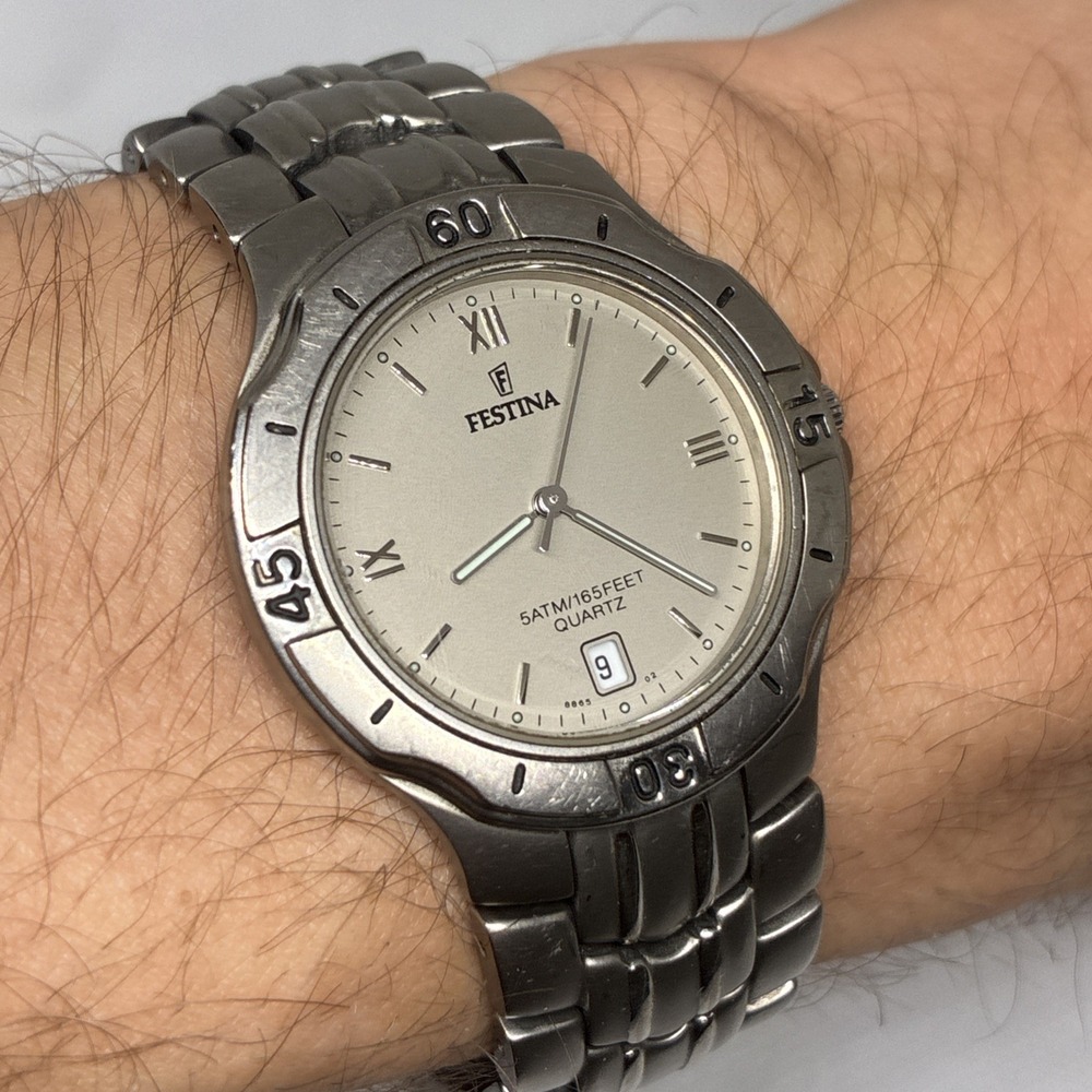 Festina Watch Men 34mm Titanium Silver Tone Date 50M - New Battery!